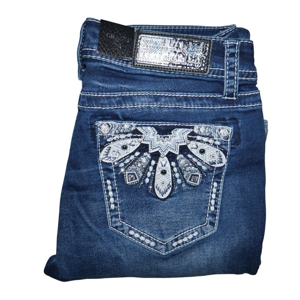 Grace In LA Womens Bootcut Jeans Size 28 x 33 Sequin Feather Embroidered NWT
